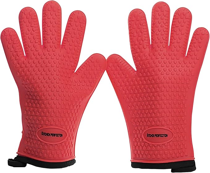 KITCHEN PERFECTION XL Silicone Smoker BBQ Gloves -Heat Resistant Oven Mitts | Waterproof, 5-Finger Design For A Better Grip, for Pitmasters, Meat Smoking, Grilling, Cooking, Frying Turkey | Grill Gift