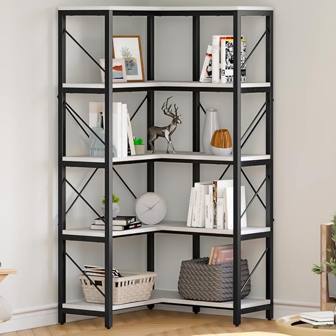 YITAHOME Corner Bookshelf, 5-Tier L-Shaped Bookcase Storage Organizer, Tall Open Display Freestanding Storage Rack Modern Book Shelf for Living Room, Bedroom, Home Office, White