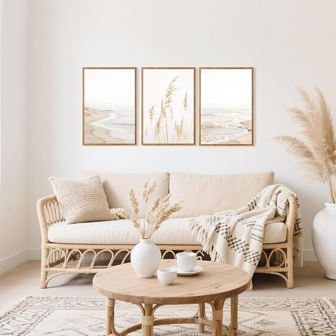 HPNIUB Modern Beach Artwork Seascape Wall Art, Seaside Framed Painting Reed Pathway Picture, Minimalist Neutral Coastal Landscape Wall Decor for Living Room,Bathroom -24'' x36'' x3