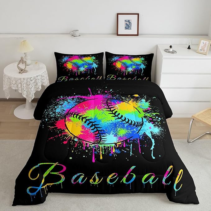 Kids Baseball Comforter Set Full Size Sports Game Bedding Set for Boys Girls Teens Bedroom Decor Baseball Gaming Comforter Women Men Tie Dye Duvet Set with 2 Pillow Case