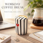 Ceramic Mug with Sip Hole 10 oz Novelty Black Striped Red Heart Ceramic Coffee Mug Hand Painted Travel Mugs Heat Resistant Non Slip Built in One Lid Mugs for Coffee Lovers Appreciation Gift