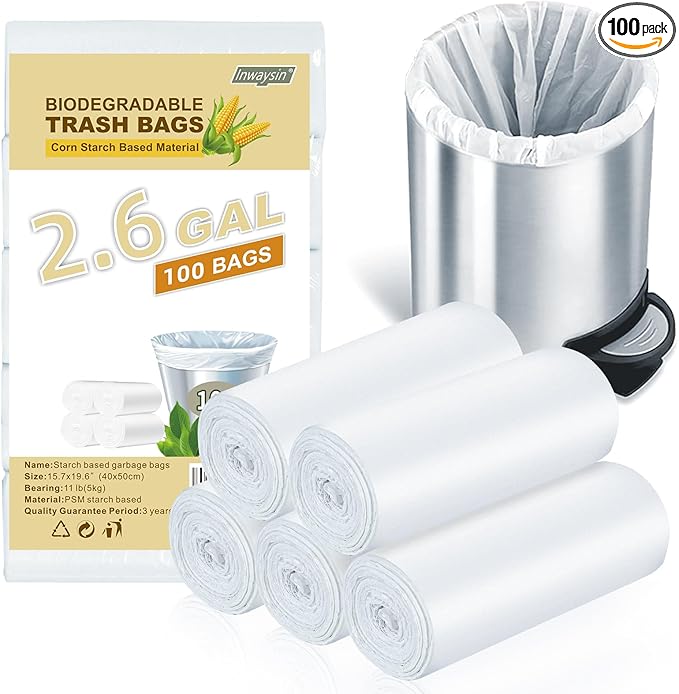 Compostable Trash Bags 2.6-Gallon Garbage-Bag - Inwaysin Biodegradable Recyclable 100 Counts Small Strong Thick Unscented Car Can Liners for Office Bedroom Waste Basket Clear White