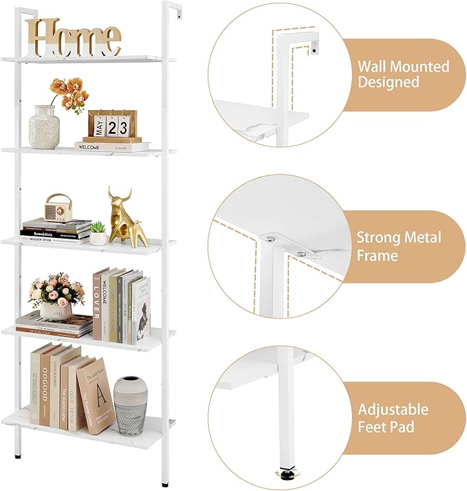 Tajsoon 25.2''W Ladder Shelf Bookshelf, 5 Tier Wall Shelf with Metal Frame, Modern Open Wall Mount Bookcases for Home, Office, Balcony, Plant Flower, White