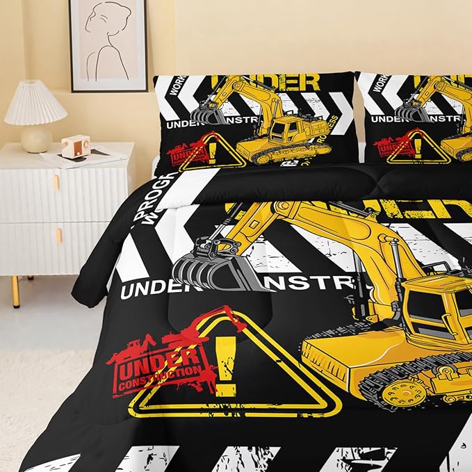 Excavator Comforter King Size,Construction Truck Comforter Set for Kids Teens Boys Girls,3Pcs Bedding Set Printed Comforter with 2 Pillowcases,Soft and Lightweight(Black，King Size)