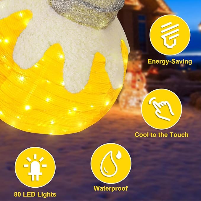 BRIGHTDECK Outdoor Christmas Ornaments, Lighted Pop-Up Outdoor Holiday Ball Decoration with 80 LED Lights, 8 Light Modes, Lighted Collapsible Holiday Decorations for Yard, Home (Yellow)
