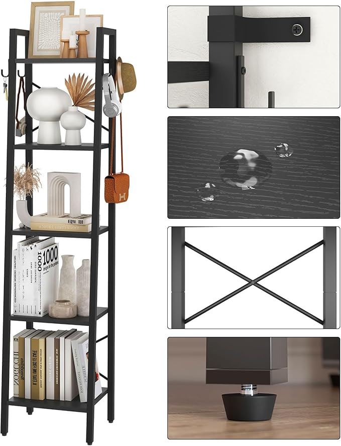 YMYNY 5 Tiers Ladder Bookcase, Industrial Narrow Bookshelf, Open Display Rack with 4 S Hooks, Metal Storage Shelves for Bedroom, Home Office, Living Room, Black, 63H*13.4L*11.8W, UHBC025B