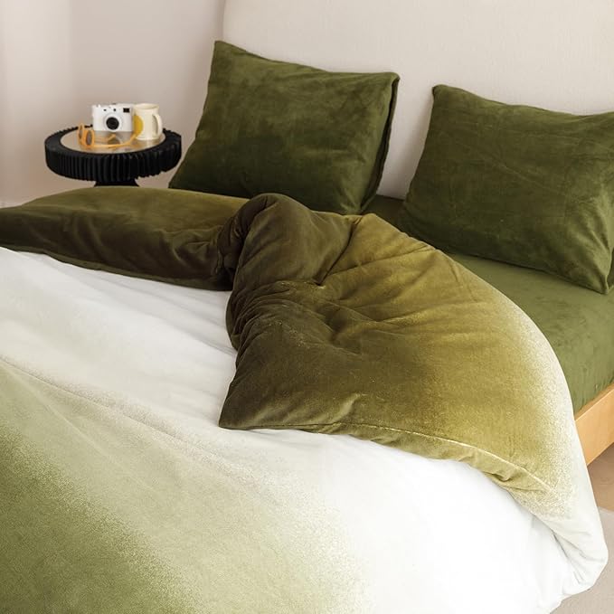 Wellboo Army Green Gradient Comforter Sets Queen Green White Fluffy Bedding Comforters Modern Gradient Dark Green Flannel Quilts Farmhouse Abstract Art Watercolor Comforters Sherpa Fuzzy Plush Bedding