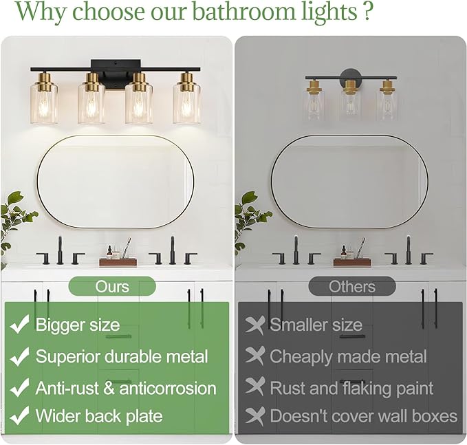 4-Light Bathroom Light Fixtures, Black and Gold Modern Vanity Lights with Clear Glass Shades, Bathroom Wall Lamp for Mirror Living Room Cabinet Bedroom Porch