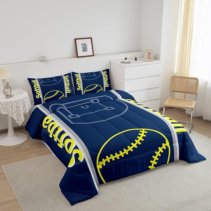 Feelyou Kids Softball Comforter Set Twin Size Sports Game Bedding Set for Boys Girls Teens Bedroom Decor Baseball Comforter Softball Gaming Theme Duvet Set with 1 Pillow Case