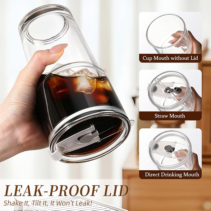 Iced Coffee Cups with Lids 2Pcs: Coffee Bar Accessories - Glass Tumbler with Straw and Lid 20oz - Vintage Glass Cups with Lids and Straws - Tumbler Leak Proof Aesthetic Drinkware for To Go Iced Coffee