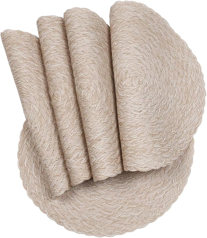 SHACOS Round Braided Placemats 15 inch Set of 4 Boho Woven Washable Kitchen Table Placemats for Home Wedding Party (T-Beige, 4)