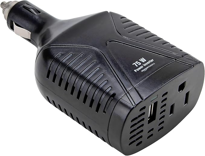 Amazon Basics 75W Car Power Inverter 12V to 110V for Vehicles, Black, 5.07 x 2.65 x 1.6 inches