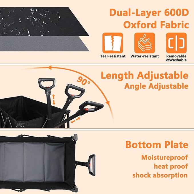 42" L Collapsible Foldable Wagon, 500LB Weight Capacity with 220L Heavy Duty Folding Cart,Utility Wagon with Big All-Terrain Beach Wheel, Drink Holders and 2 Bungee Cords,Black
