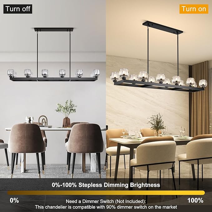59 Inch Black Rectangle Wagon Wheel Chandeliers, Black Chandelier for Dining Room Over Table, Modern Crystal Long Chandelier, Farmhouse Large Linear Chandeliers for Kitchen Island