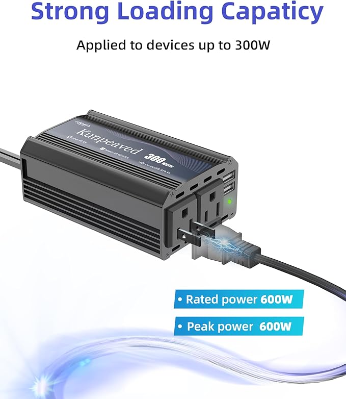 300W Power Inverter DC 12V to 110V Car Charger Converter with Dual USB Ports and 2 AC Outlets for Air Compressor Laptops, Road Trip Accessories (Black)