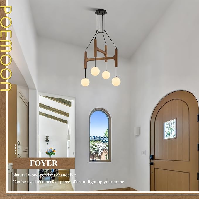 Farmhouse Wooden L24'' Chandelier Rustic Oak Wood Pendant Lights Mid Century 4-Light Milk Glass Globe Pendant Chandelier for Dining Room Kitchen Foyer Entryway Bedroom, G9