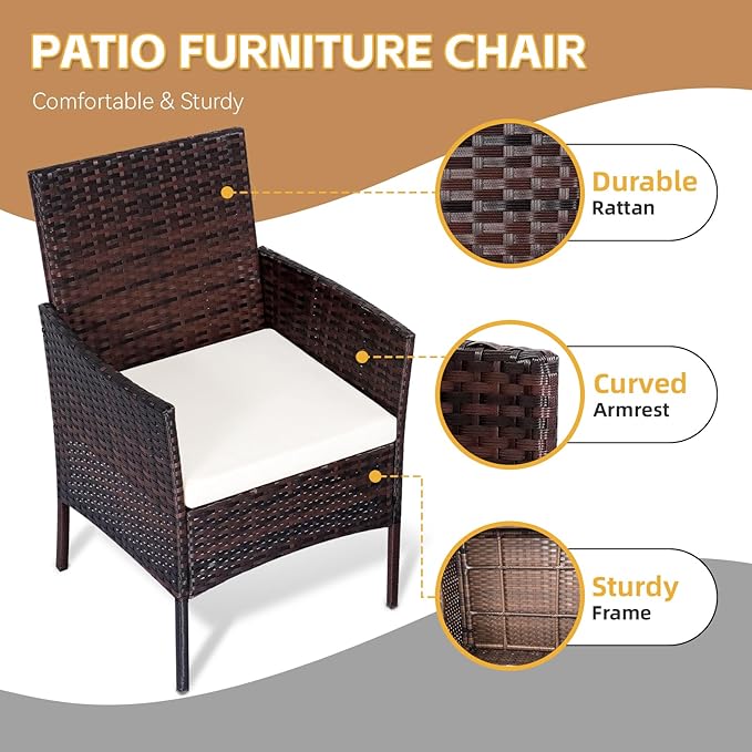 Patio Furniture Set 3 Pieces All-Weather Rattan Outdoor Furniture Patio Chairs with Tempered Glass Table for Porch Bistro Balcony Bistro Set(Brown/White)