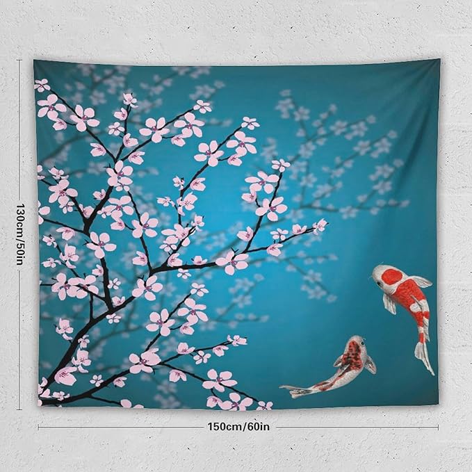 Japanese Koi Fish Tapestry, Cherry Blossoms Asian Oriental Green Teal Flower Branch Koi Fish Carp Tapestries Wall Hanging for Bedroom Living Room Office Decor 60"x50"