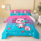 Kawaii Axolotl Comforter,Pink Salamander Comforter Set for Kids Teens Girls,3Pcs Bedding Set Printed Comforter with 2 Pillowcases,Down Alternative,Soft and Lightweight(Pink，Queen Size)