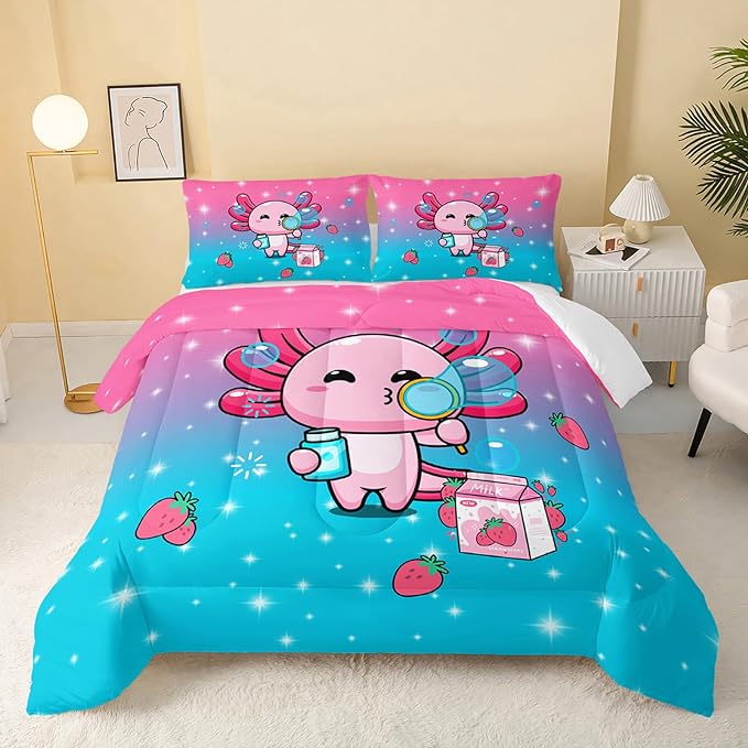 Kawaii Axolotl Comforter,Pink Salamander Comforter Set for Kids Teens Girls,3Pcs Bedding Set Printed Comforter with 2 Pillowcases,Down Alternative,Soft and Lightweight(Pink，Queen Size)