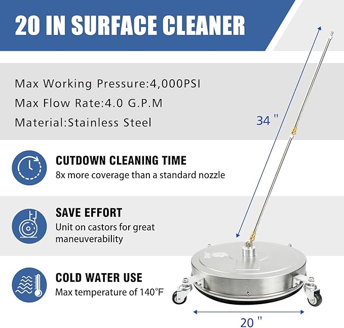JANZ 20'' Pressure Washer Surface Cleaner with 4 Wheels, Stainless Steel Housing, 1/4" Quick Plug, 2 Extension Wands, 2 Replacement Nozzles and 3 Spray Nozzles, 4000 PSI