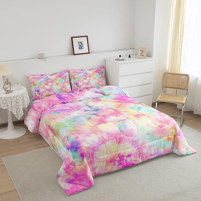 Erosebridal Kids Tie Dye Comforter Set, Bohemian Batik Down Comforter Twin Size, Boho Psychedelic Bedding Comforters for Children Girls Boys Teens Bedroom, Trippy Tattoo Watercolor Quilted Duvet