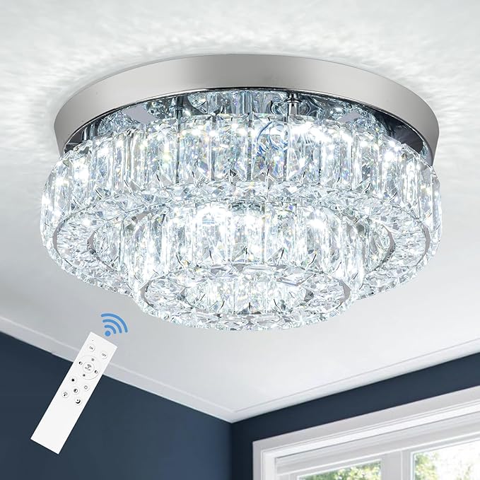11.8" LED Chandelier 2-Layer Crystal Ceiling Light Fixture with Remote Control Flush Mount Chandelier Light for Hallway Bedroom Living Room Kitchen Foyer(dimmable)