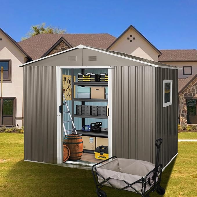 6x8 FT Outdoor Storage Shed, Metal Garden Shed with Frame Floor, Outside Tool Shed with Window, Waterproof Storage Building with Lockable Sliding Doors & Sloped Roof for Backyard, Patio, Gray