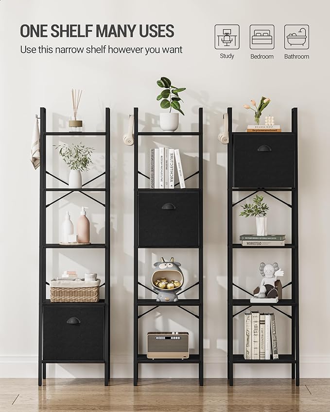 Narrow Bookshelf Bookcase with Drawer, Ladder Shelf with 2 Hooks, Bookshelves Storage Organizer, Freestanding Display Standing for Home Office, Bedroom, 5 Tier Black BC19504B