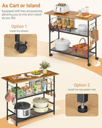 Kitchen Island with 3 Shelves, Rolling Kitchen Cart with 6 Hooks and Protective Shelf, Microwave Stand on Lockable Wheels, Bakers Rack Coffee Bar for Dining, Living Room, Outdoor, Metal Frame