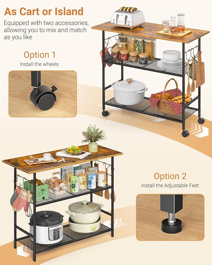 Kitchen Island with 3 Shelves, Rolling Kitchen Cart with 6 Hooks and Protective Shelf, Microwave Stand on Lockable Wheels, Bakers Rack Coffee Bar for Dining, Living Room, Outdoor, Metal Frame