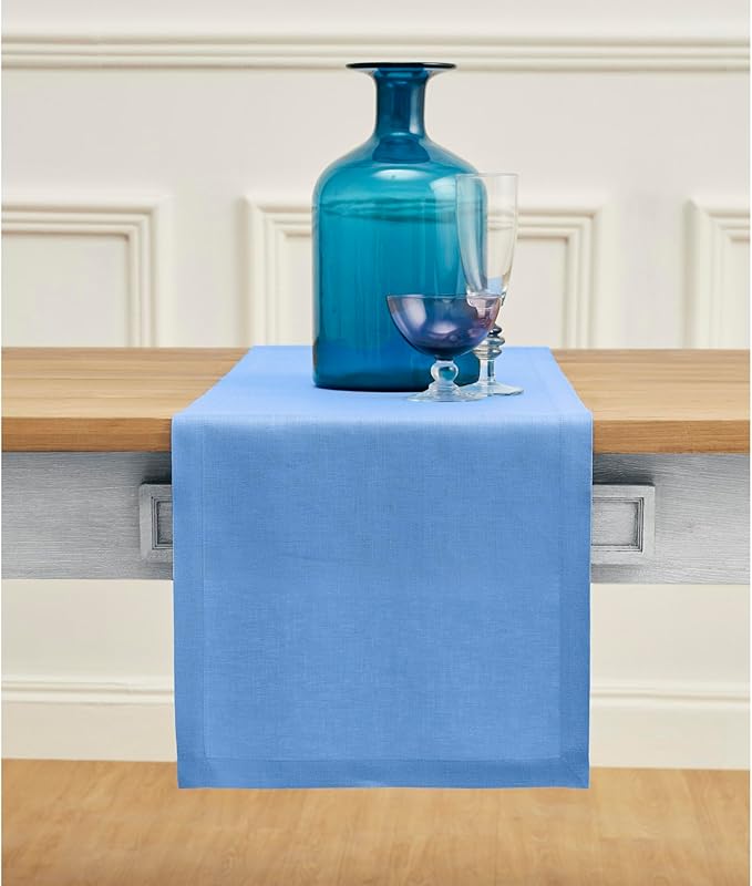 Solino Home Linen Table Runner 60 Inches - 100% Pure Linen Provence Blue Table Runner 14 x 60 Inch Ideal for Dresser and Coffee Tables - Fete