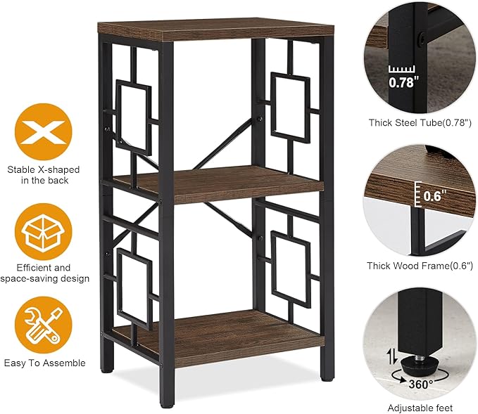 Small Bookshelf, 3 Tier Vintage Industrial Small Bookshelf for Small Spaces, Freestanding Open Shelf Bookcase, Versatile Bookcase for Home Office, Bedroom & Living Room, Retro Brown
