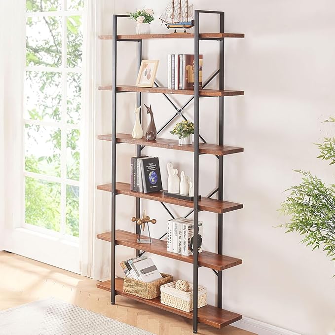 HSH Solid Wood Bookshelf, 6 Tier Tall Industrial Etagere Bookcase and Storage Shelves Heavy Duty, Rustic Large Open Vertical Metal Natural Real Wood Book Shelf for Bedroom Living Room Distressed Brown
