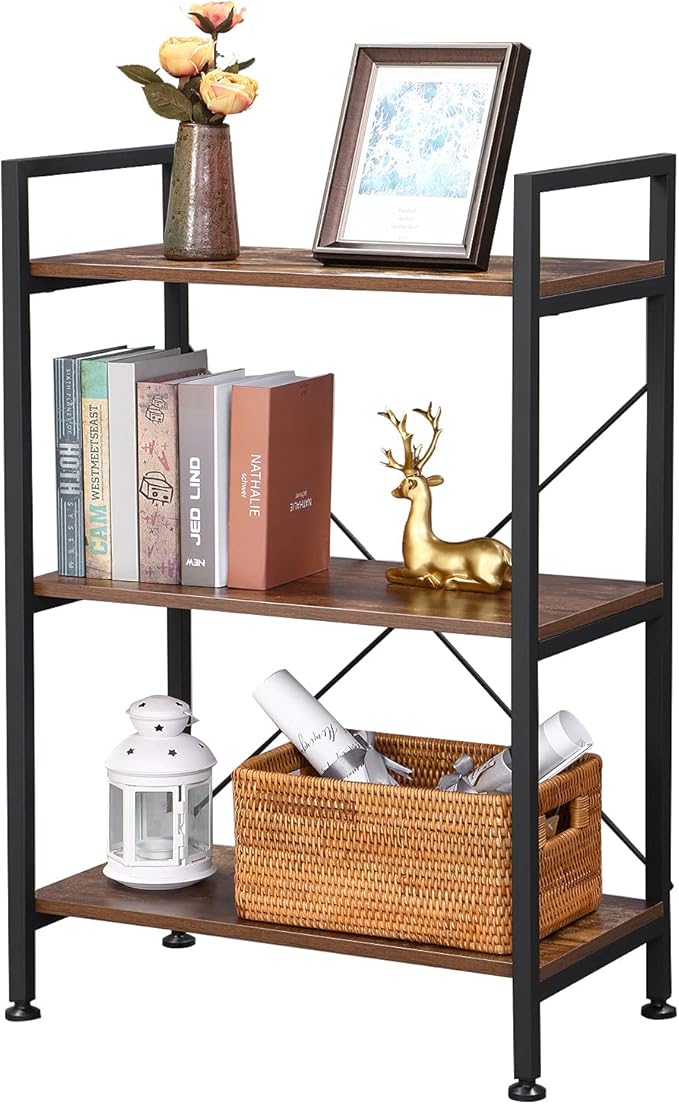 BEWISHOME 3 Tier Bookshelf, Rustic Small Book Shelf for Small Spaces, Brown Wooden Shelves for Bedroom Living Room and Home Office, 13.58" D x 24.21" W x 37" H, JCJ32Z
