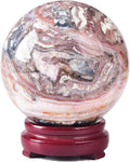 JIC Gem Large Striped Agate Crystal Sphere Ball with Wooden Stand Healing Crystal Decorative Ball Meditation Feng Shui 90-100mm