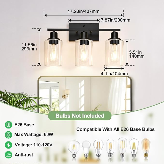3 Light Bathroom Light Fixtures, Matte Black Modern Vanity Lights with Clear Glass Shade, Bathroom Wall Lamp for Mirror Kitchen Living Room Hallway Cabinet Porch
