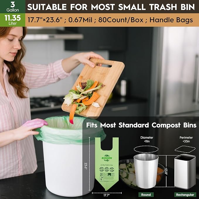 2.6-3 Gallon Compostable Trash Bags with Handles 80 Count 0.67 Mil 11.36 L Small Kitchen Wet Food Scrap Waste Compost Bag for Countertop Bin ASTM D6400 US BPI and OK Compost Home Certified