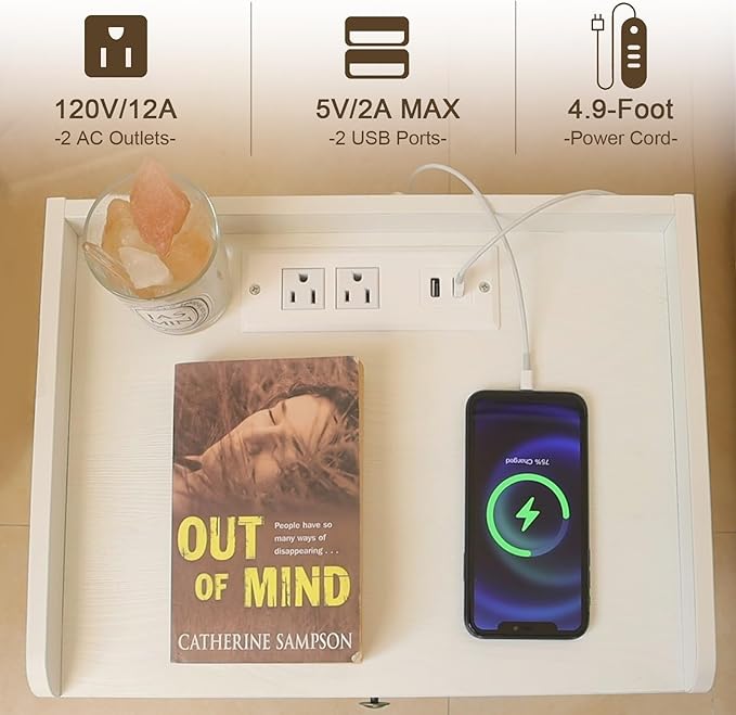 AWASEN White Nightstand with Charging Station, Modern Bedside Table with Glass Decorative Drawer, Small End Side Table with 2 Tiers Storage Space, for Bedroom, Office and Small Space(White)