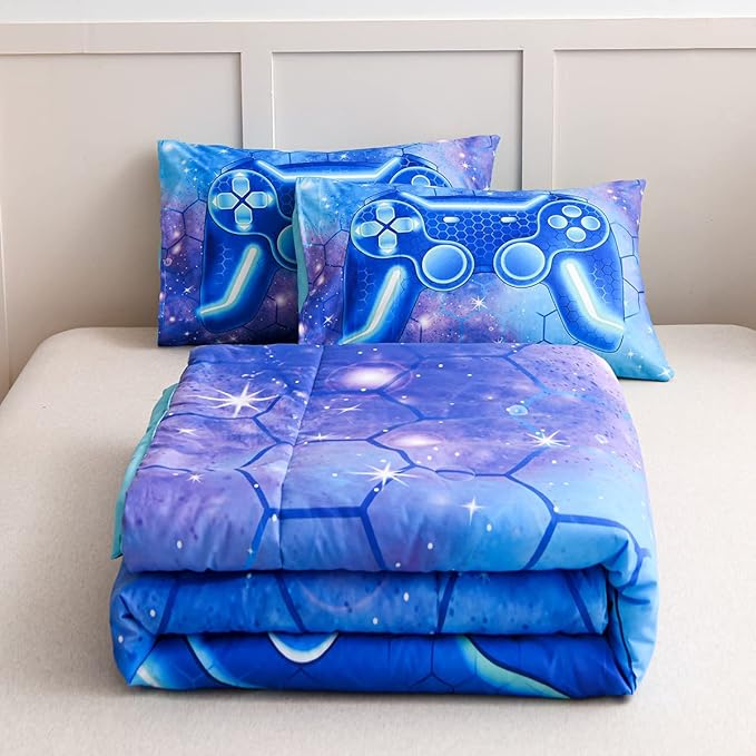 NTBED Game Console Comforter Set for Boys Girls Kids 3D Gaming Geometric Lightweight Microfiber Bedding Sets (Blue Purple, Twin)