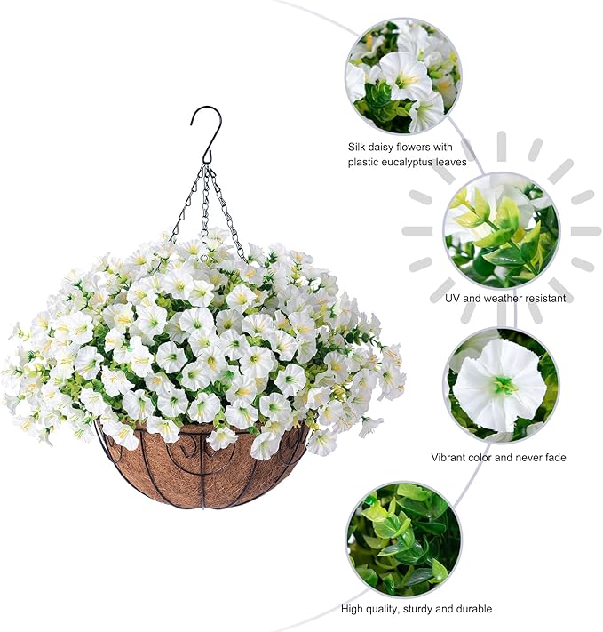 Ivydale Artificial Fake Hanging Flowers Plants Baskets for Outdoor Spring Summer Decoration, Faux Silk White Morning Glory Look Real UV Resistant for Outside Porch Patio Balcony Yard Front Door Garden