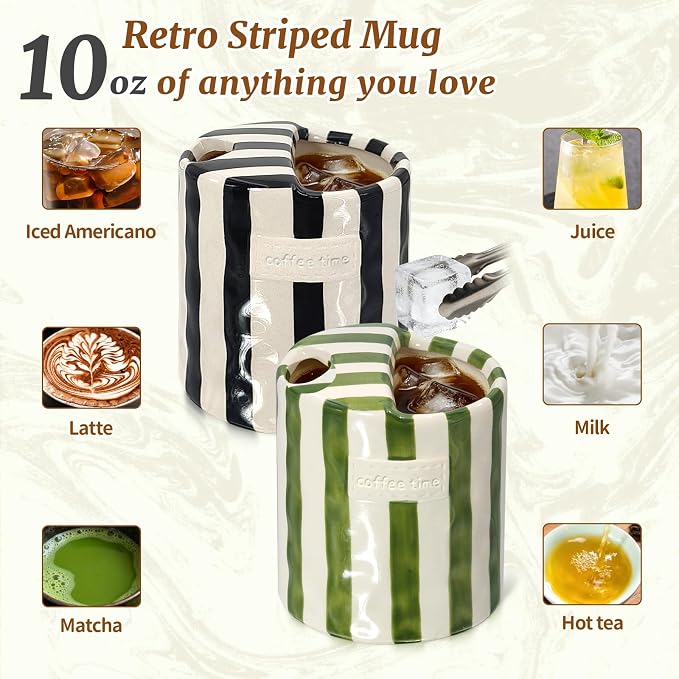 2-Pack 10 oz Ceramic Coffee Mug with Sip Hole & Silicone Sleeve | Cute Hand-Painted Striped Porcelain, Gift for Coffee Lover, Cold & Hot Drinks, Microwave & Dishwasher Safe, Green, Black