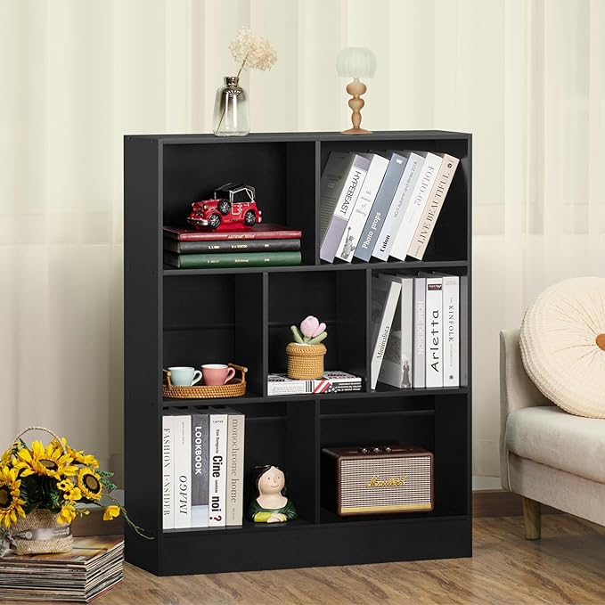 YAHARBO Black 7 Cube Bookshelf,3 Tier Modern Horizontal Bookcase,Wooden Low Book Shelf Display Storage Cabinet with Base,Floor Standing Short Bookshelves Open Organizer for Bedroom,Living Room,Office