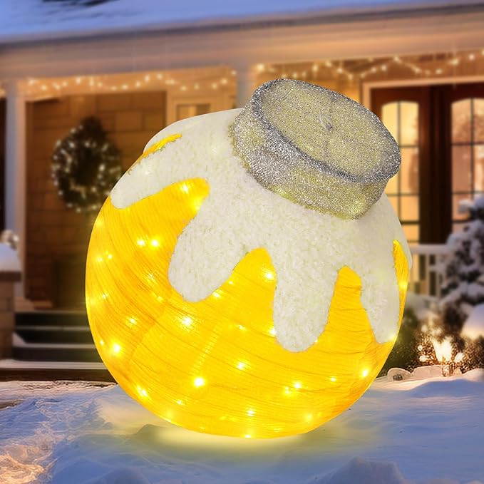 BRIGHTDECK Outdoor Christmas Ornaments, Lighted Pop-Up Outdoor Holiday Ball Decoration with 80 LED Lights, 8 Light Modes, Lighted Collapsible Holiday Decorations for Yard, Home (Yellow)