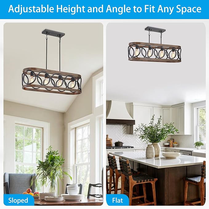 XINGQI Rectangular Linear Kitchen Island Chandeliers Over Table 32.7" Black Pendant Lighting Fixtures Farmhouse 4-Light for Dining Room Bar Office Coffee Shop, Black Wood Grain