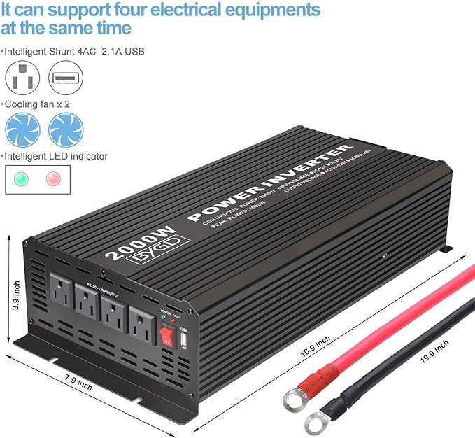 BYGD 2000W Power Inverter 12V DC to 110V AC Inverter Converter with 4 AC Outlets Dual 2.1A USB Ports for Home, RV, Boat, Truck, Off-Grid Solar System