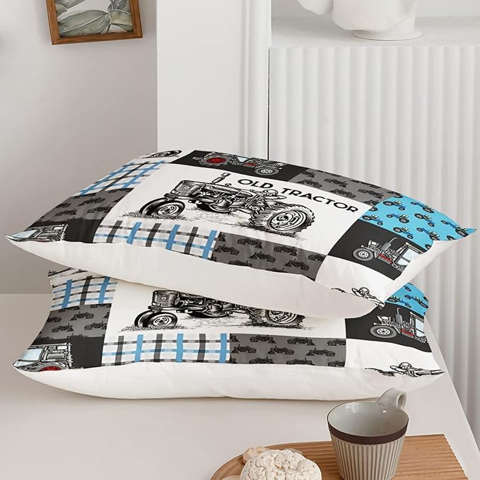 Axolotl Tractor Comforter Set Queen Size,Cartoon Truck Car Comforter Set for Boys,Farm Excavator Bedding Set with Old Tractor for Kids Boys Teens Adult All Season,1 Quilt 2 Pillowcases