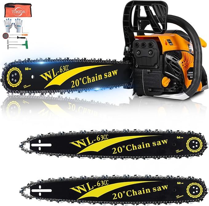 63cc Gas Powered Chainsaw, 3.2KW/3.2HP 2-Cycle Engine, 20-Inch Guide Bar, Professional Power Saw with CDI Ignition, Automatic Oiler & Anti-Vibration System for Heavy-Duty Use