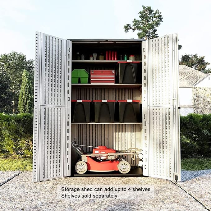 Kinying Outdoor Storage Cabinet, Vertical Storage Shed Perfect to Store Patio Furniture, Garden Tools Accessories,Bike,Beach Chairs and Lawn Mower, 4x2.5 Feet off-white-02B