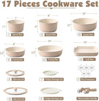 SENSARTE 17 Piece Ceramic Detachable Handle Pots and Pans Set Almond Beige | Ceramic Cookware Set, Induction Cookware Set with Removable Handle, Healthy Non Stick for RV, Dishwasher ＆ Oven Safe